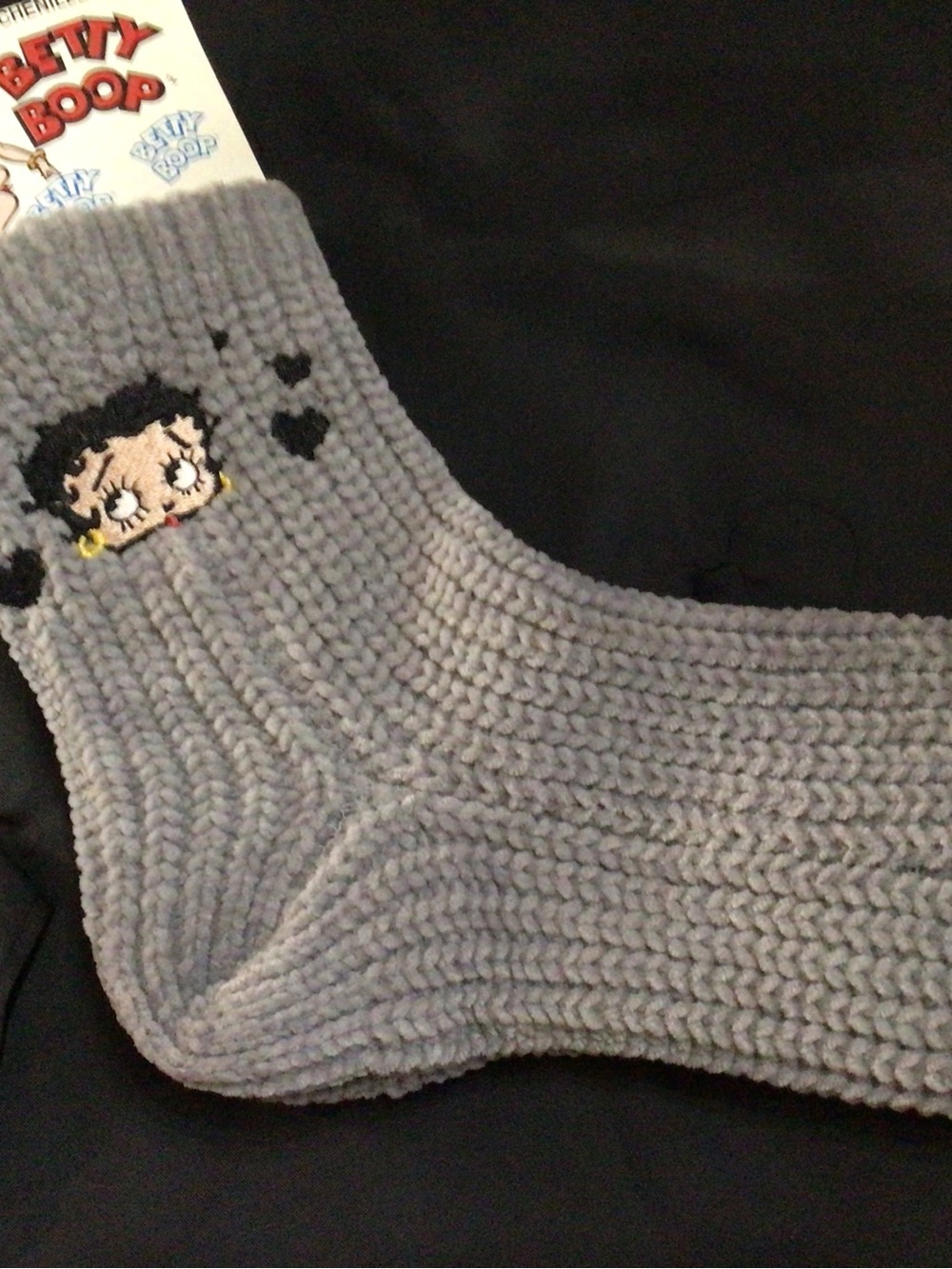 Betty Boop Light Gray Ribbed Crew Socks with Embroidered Motif